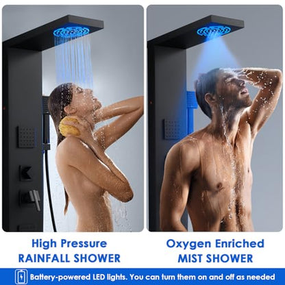 ROVOGO Shower Panel Tower System W/Led Lights, 5 Shower Modes, Matte Black | Rainfall Mist Shower Head, 3 Body Jets, Handheld and Tub Spout, Stainless Steel Shower Column With Mixing Valve, 46.5 Inch - style: Black- With Led Lights