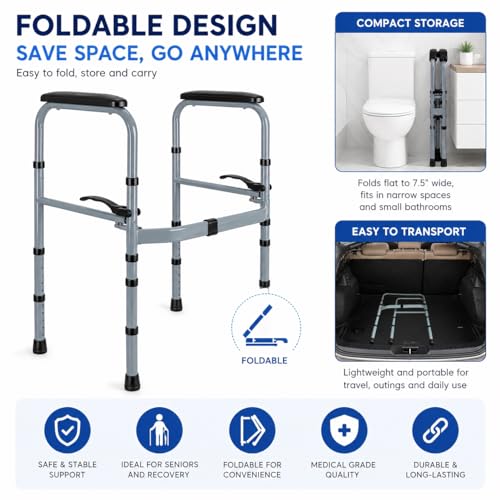 Toilet Safety Rails for Elderly, Foldable Adjustable Frame | 400 lb capacity, stand-alone design, non-slip handles, tool-free assembly, fits standard & elongated toilets
