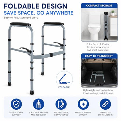 Toilet Safety Rails for Elderly, Foldable Adjustable Frame | 400 lb capacity, stand-alone design, non-slip handles, tool-free assembly, fits standard & elongated toilets