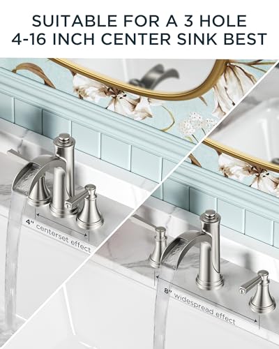 FORIOUS Brushed Nickel Bathroom Faucet Waterfall 3 Hole, 8 in Spread Faucet | Widespread Polished Nickel Faucet Bathroom 3 Hole for 4"-12" Sinks, Silver Bathroom Sink Faucet 3 Hole Vanity and Metal Drain - color: Brushed Silver