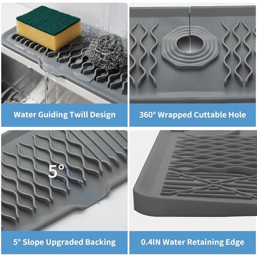 24inch Silicone Splash Guard Kitchen Sink Gray Dish Drying Mats Non-Slip | Sponge Holder Bathroom Countertop Protect Kitchen Sink Splatter Screen Faucet Air Drying Mat Drip Catcher Tray - color: Gray