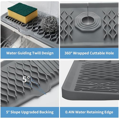 24inch Silicone Splash Guard Kitchen Sink Gray Dish Drying Mats Non-Slip | Sponge Holder Bathroom Countertop Protect Kitchen Sink Splatter Screen Faucet Air Drying Mat Drip Catcher Tray - color: Gray