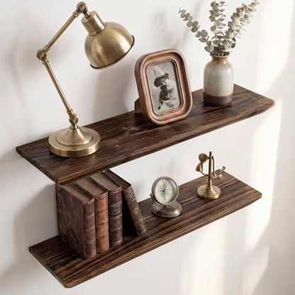Acovy 24in Solid Spruce Wood Floating Shelves with Beveled Bottom Edges, Wooden Floating Shelf with Heavy-Duty Bracket for Living Room Bathroom Bedroom Kitchen, Rustic Brown, Set of 2 - color: Rustic Brown, size: 24"-2 Packs