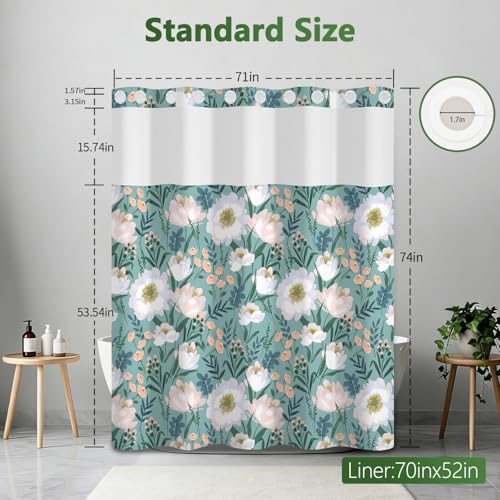 Floral No Hook Shower Curtain with Snap in Liner, Double Layers Waterproof Bathroom Shower Curtain Sets with See Through Window and Weighted Hem, 71x74 Inches Shower Curtain for Bathroom and Hotel - color: Blooming Garden