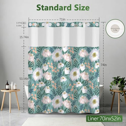Floral No Hook Shower Curtain with Snap in Liner, Double Layers Waterproof Bathroom Shower Curtain Sets with See Through Window and Weighted Hem, 71x74 Inches Shower Curtain for Bathroom and Hotel - color: Blooming Garden