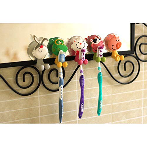 Wall Mounted Duty Suction Cup Toothbrush Holder Hooks Set for Mounting on Smooth Wall in Shower, Bathroom, Garage, Office,Perfect for Motivating Your Children to Brush Their Teeth (5 Small Animals)