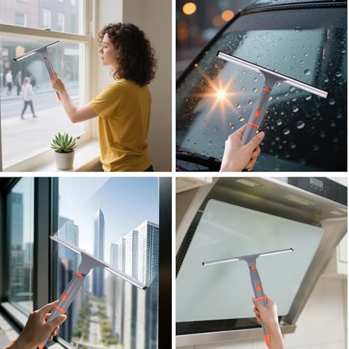 All Purpose 10 inch Shower Squeegee with 2pcs Rubber Wiper Blade Window Squeegee Soft Safe to Clean Shower Door Bathroom Car Windshield Glass Mirrors