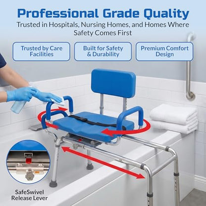 Carousel Sliding Shower Chair Tub Transfer Bench with Swivel Seat, Bariatric, Premium Padded with Pivoting Arms, High Capacity, Heavy Duty for Tubs, Inside Shower, for Handicap & Seniors, Blue | Slide Safely In & Out of the Tub - Blue, padded seat, padded
