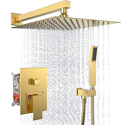 Brushed Gold Rain Shower System Faucet Set with Handheld, 12 inch | Solid Metal Wall Mount Rainfall Shower Set with Safe Anti-Scald Valve, Air Injection High Pressure Water Saving Combo - color: Brushed Gold, style: 12in without Tub spout