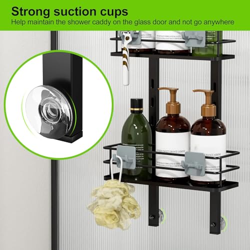 Orimade Adjustable Hanging Over the Shower Door Caddy with Hooks, Bathroom Organizer Shelf Storage Rack,No Drilling Rustproof Basket for Inside Shower, Matt Black 3 Tier