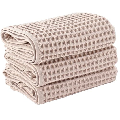 PÜSKÜL Natural 100% Turkish Cotton Waffle Kitchen and Hand Towels, 3-Piece | Beige, 32x16" Large, Premium 3D Honeycomb Weave Soft Absorbent Quick-Dry Lint-Free Dish Towel, Oeko-Tex Made in Turkey - color: Beige, size: Kitchen & Hand Towels Pack of 3