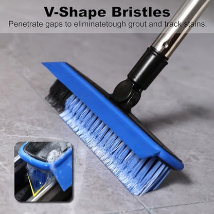 Grout Cleaner Brush with Long Handle, V-Shaped Floor Scrub Brush Swivel Grout Brush Stiff Bristle Floor Grout Scrubber for Bathroom, Tile Line, Crevice, Kitchen, Wall, Deck, Garage (Blue) - color: Blue