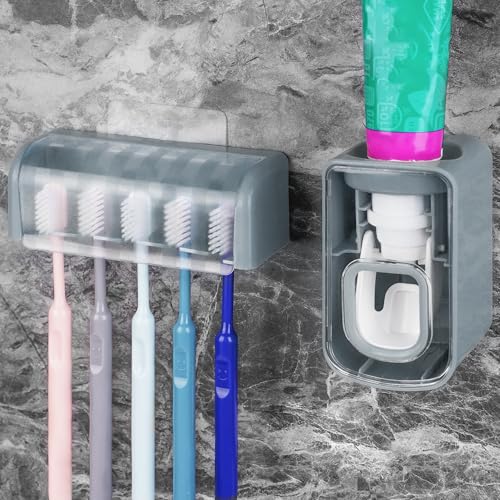 5 Slots Wall Mount Toothbrush Holder with Cover, Self Adhesive Toothbrush Storage Organizer for Shower, Toothbrush Hanger with Automatic Toothpaste Squeezer Dispenser (Grey) - color: Grey Combination