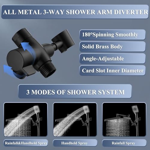 14 Inch Large Shower Head with Handheld Spray Combo and Extention Arm, Rain Rainfall Waterfall High Pressure Shower Heads, Modern Showerhead with 3-Way Diverter - Height/Angle Adjustable(Matte Black) - color: Black, size: 14 Inch