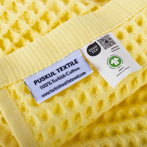 PÜSKÜL Natural 100% Turkish Cotton Waffle Kitchen Towels Set of 3 | Oeko-Tex, Premium Waffle Hand Towels for Bathroom | Soft Absorbent Quick-Dry Lint-Free Dish Towel Large 32x16 inch (3, Light Yellow) - color: Light Yellow
