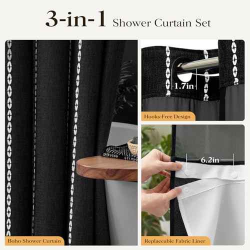 72x81 Ringless Boho Shower Curtain with Snap in Liner, Black and White | Tall Size, Farmhouse Striped Tassel Design, Thick Linen Blend, 3 in 1 Shower Curtain, Waterproof, Washable, Sheer Window - color: Black, size: 72"W x 81"L (Pack of 1)