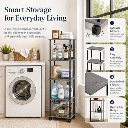 5-Tier 50.4" Tall Oak Grey Bathroom Shelving Unit with Wheels | Wood Finish, Metal Frame, Rolling Narrow Open Shelf Design, for Laundry Room, Kitchen, Living Spaces, Easy to Move - color: Oak Grey, size: 5-Tier