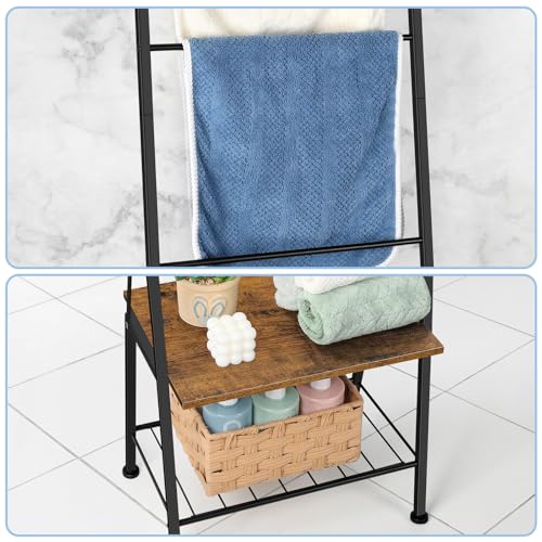 BTY Blanket Ladder Black Towel Ladder with Shelf Metal Blanket Ladder Holder for Bathroom Standing Ladder Towel Rack with Hooks Stocking Holders for Living Room Bedroom Laundry Room