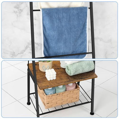 BTY Blanket Ladder Black Towel Ladder with Shelf Metal Blanket Ladder Holder for Bathroom Standing Ladder Towel Rack with Hooks Stocking Holders for Living Room Bedroom Laundry Room