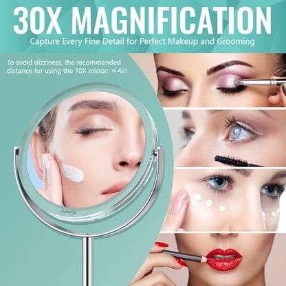 Auxmir 1X/30X Double-Sided Makeup Mirror, 6.7" Magnifying Mirror | 360°rotation, tweezers, vanity desk table stand travel, stainless steel and ABS construction, 30X magnification - color: 1x/30x-6 Inch