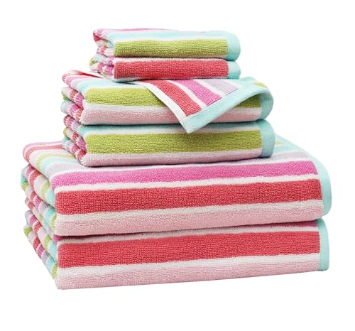 ORIGINAL KIDS 6 Piece Towel Set - 100% Cotton Cabana Stripe Kids Towel Set | Bath Time Stripe Beach Pool Bathroom Towel Set - Soft Absorbent Plush - 2 Bath Towels, 2 Hand Towel, 2 Washcloth - Pink Multi - color: Pink Multi Stripe, size: Set of 6 - Bath-Ha
