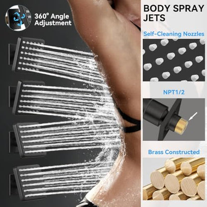 STARBATH Shower System with Body Jets, 12" Rainfall Shower head with 2 in 1 Handheld Spray, Can Use All at Once,Ceiling Mount Push Button Complete Shower Faucet Set with Valve and Trim Kit Matte Black - color: Matte Black, size: 12"-01