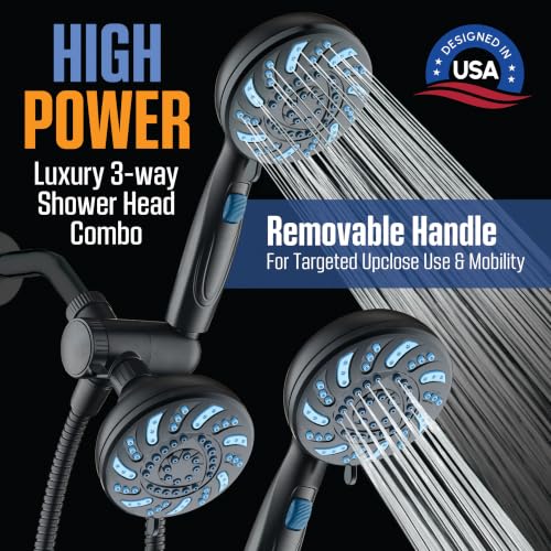 AquaCare 2026 High Pressure Dual Handheld Shower Head Combo w/Pause Switch | Detachable Showerhead Wand, Stay-Clean Jets, Extra-long 6 ft. Stainless Steel Hose, Dual Wall & Overhead Brackets / Black - color: Black
