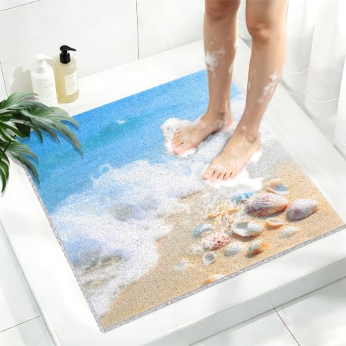 Square Shower Mat, Yonala 27 x 27 Inch Stylish Non Slip Shower Mats for Inside Shower, Soft Trimmable PVC Loofah Anti Slip Shower Mat, Fast Drying Shower Floor Mat for Bathroom, Home, Bath Tub - color: Starfish on Beach, size: 27" x 27" (Square)