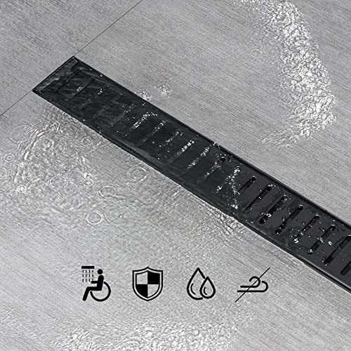 SaniteModar Linear Shower Drain 24 inch Matte Black - Capsule Pattern Grate | AISI 304 Stainless Steel Matte Black Linear Dain Rectangle Shower Floor Drain with Hair Strainer and Leveling Feet - size: 24 inch