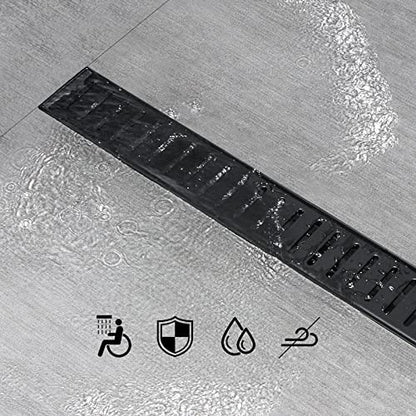 SaniteModar Linear Shower Drain 24 inch Matte Black - Capsule Pattern Grate | AISI 304 Stainless Steel Matte Black Linear Dain Rectangle Shower Floor Drain with Hair Strainer and Leveling Feet - size: 24 inch