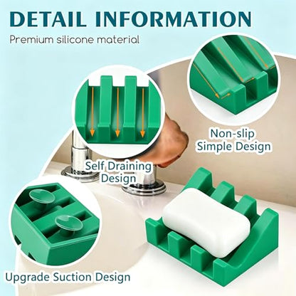 Silicone Soap Dish Self Draining with Suction Cups (Green,1 Pack) | Waterfall drainage design drains fast to keep soap dry silicone soap saver with reusable suction cups for bathroom & kitchen - color: Christmas Green, size: 1