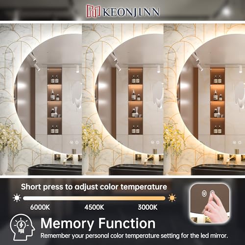 Keonjinn 40 Inch Large Round LED Mirror with Backlit, Safe Tempered Glass | Oversized, 3000K/4500K/6000K, Safe Defogging, Dimmable, Memory Function, Hardwired/Plug in, French Cleat Installation, Salon - size: 40"L x 40"W