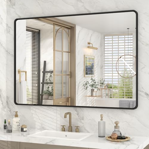 OKPAL 44X30 Inch Black Bathroom Mirror for Wall, Bathroom Vanity Frame Mirror, Matte Black Rectangle Mirror, Round Corner, Rustproof, Shatter-Proof (Horizontal/Vertical) - color: Matte Black, size: 44"L x 30"W