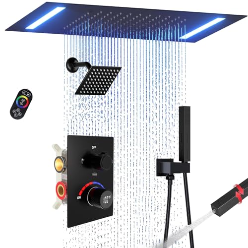 Digital Display Shower Faucet Set Matte Black Dual Heads LED Shower System | 14X20" LED Ceiling Shower with Light Remote & 6" Wall Mounted Shower Head & Dual Function Handheld Shower - color: Matte Black