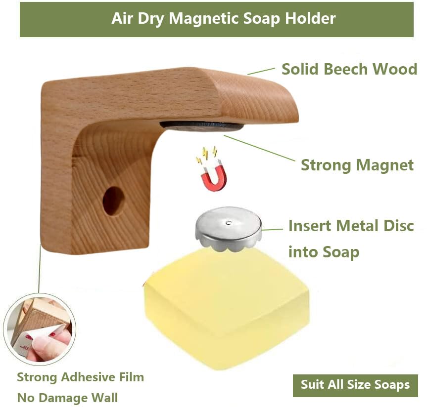 2sets Wood Magnetic Bar Soap Holder for Shower Wall,Magnet Air Dry Soap Saver Self Draining, Eco-Friendly Wooden Soap Dish for Soaps & Beard Shampoo Bars - color: 2pcs