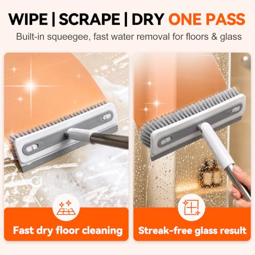 3-in-1 Floor Scrub Brush with 55” Long Handle, V-Shape & Squeegee | V-shape head,built-in squeegee,removable detail brush,55" long handle,stiff bristles,180°rotating,3-in-1 floor scrub brush