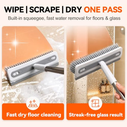 3-in-1 Floor Scrub Brush with 55” Long Handle, V-Shape & Squeegee | V-shape head,built-in squeegee,removable detail brush,55" long handle,stiff bristles,180°rotating,3-in-1 floor scrub brush