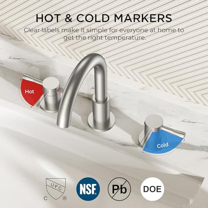 FORIOUS Bathroom Faucet 3 Hole, 360° Swivel 8" Sink Faucet Brushed Nickel | with Pop Up Drain, 2 Handles,for Sink Vanity RV Lavatory Farmhouse, 304 Stainless Steel, Lead-free, Leakproof - color: Stainless Steel