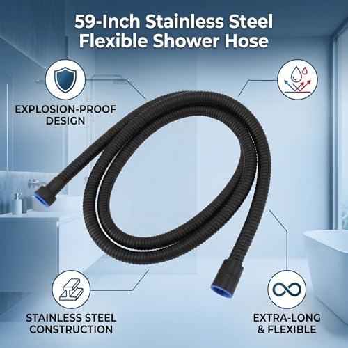 59in Shower Hose, 3 Layers Pressure Stainless Steel Flexible Long Shower Hose with Hot Cold Nozzles, Universal Fit for Bathroom Replacement (Black) - color: Black