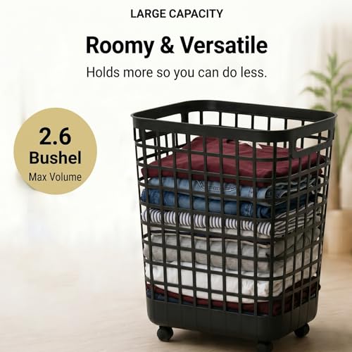 Heavy Duty Rolling Laundry Hamper with Wheels - 2.6 Bushel (90L+) Large Plastic Laundry Basket, Tall Ventilated Dirty Clothes Organizer for Bedroom, Bathroom & Dorm Room, No Assembly Required (Black) - size: Black
