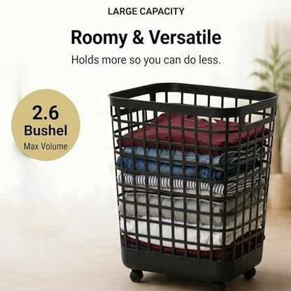 Heavy Duty Rolling Laundry Hamper with Wheels - 2.6 Bushel (90L+) Large Plastic Laundry Basket, Tall Ventilated Dirty Clothes Organizer for Bedroom, Bathroom & Dorm Room, No Assembly Required (Black) - size: Black