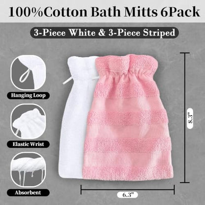 VOOVA & MOVAS Bath Gloves 6 Pack Pink Stripe,European Style with Loop | Body Wash Gloves, Gentle Texture, Durable Cotton Fabric, Ideal for Face Care, Shower and Home Use. - color: Jacquard Pink Stripe & White, size: 6PC Bath Mitts
