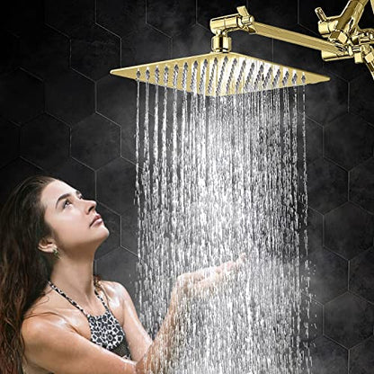 G-Promise All Metal 10" Dual Square Shower Head Combo | Rain Shower Head | Handheld Shower Wand | Adjustable | 3-Way Diverter | 71" Extra Long Hose - A Bathroom Upgrade (Polished Brass) | Built to Last, Easy Install, Adjustable Height & Angle for All Heig