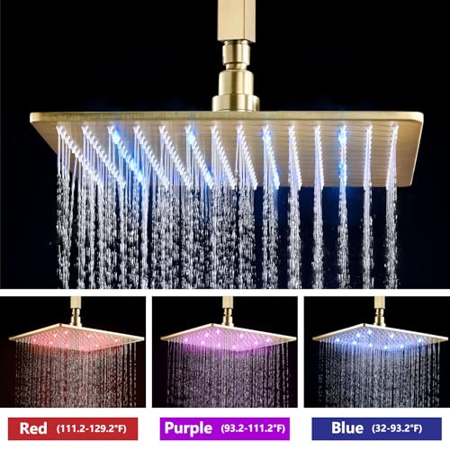 Aolemi Ceiling Shower Faucet Set with Handheld 10" LED Head Brushed Gold | Handheld Spray,10 Inch Rain LED Head,Shower Valve and Trim Kit,All Metal,Ceiling System,Bathroom Mixer - color: Gold, size: 10 Inch LED Shower Head