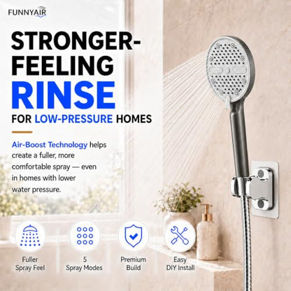 High Pressure Shower Head, Stick-on Low Mount Wall Bracket, Grey | 5 Spray Modes, Water-Saving, 360° Adjustable Bracket, For Low Water Pressure Home, RV, Bathroom, Fix Firmly Kid-Friendly - color: Gray