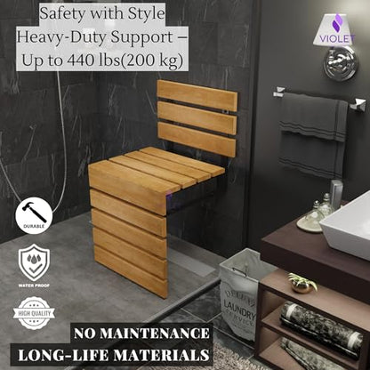 Folding Wall Mounted Teak Wood Shower Seat with Backrest, Water Resistant Foldable Bathroom Stool with Legs, Premium Materials Handmade Shoe Changing Bench, Space Saving and Super Safe Chair (Natural) - color: Natural