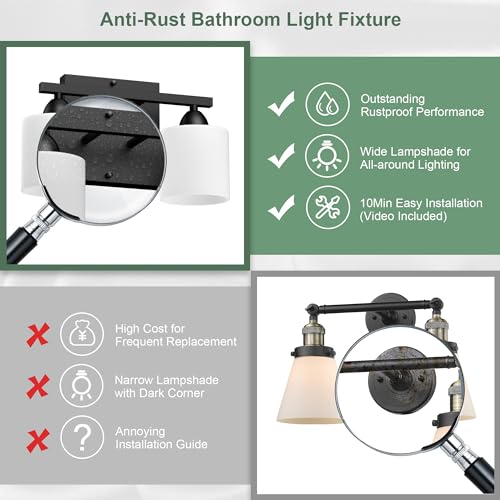 Black Bathroom Lights Over Mirror, Anti-rust Vanity Light Fixture for Bathroom, Modern 2-Light Wall Sconce Light for Living Room, Standard E26 Base, Milky White Glass Shades, Bulbs Not Included - color: Black-2Light