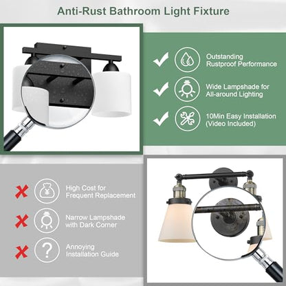 Black Bathroom Lights Over Mirror, Anti-rust Vanity Light Fixture for Bathroom, Modern 2-Light Wall Sconce Light for Living Room, Standard E26 Base, Milky White Glass Shades, Bulbs Not Included - color: Black-2Light