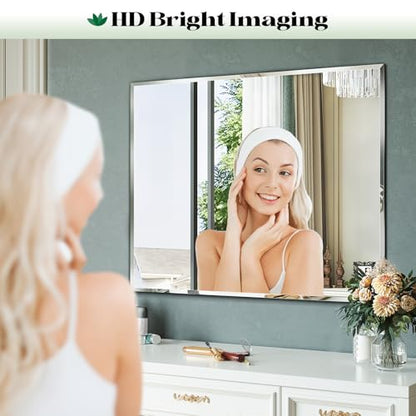 Frameless Bathroom Beveled Wall Mirror, 48"x32" Large Wall Mirror | Beveled Mirror for Over Sink, Vanity, Entryway, Living Room, Dinging Room, Bedroom, Hangs Horizontally or Vertically - size: 48"L x 32"W