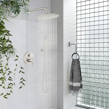 gotonovo Shower Faucet Set with Rough-in Valve Trim Kit,Brushed Nickel | 10 Inch Round Rain Showerhead with Handheld Spray,Bathroom Wall Mount Shower System Complete Combo,2-in-1 Diverter,All Metal - color: Nickel